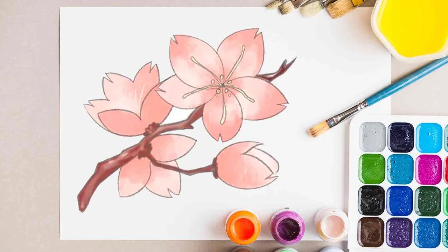 آموزش تصویری نقاشی شکوفه گیلاس